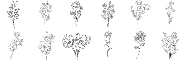 Set Of Doodle Flowers Icons Silhouette Vector Logo Design Containing Floral,Nature,Leaf,Garden,Flower Vector Icons Illustration Collection