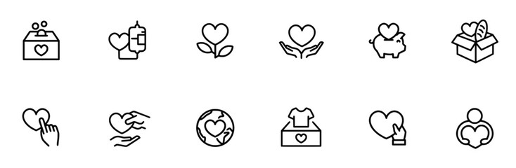 Set Of Donation Love Sharing Charity Icons Web Header Banner Design Containing Love,Donation,Charity,Donation-Love-Sharing-Charity,Heart Solid Icon Collection. Vector Illustration