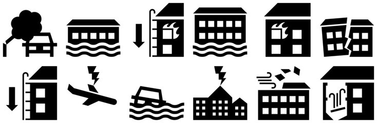 Set Of Linear Disasters Icons Collection Isolated Silhouette Solid Icons Including Incident,Building,Disasters,Disaster,Emergency Infographic Simple Vector Illustration Logo
