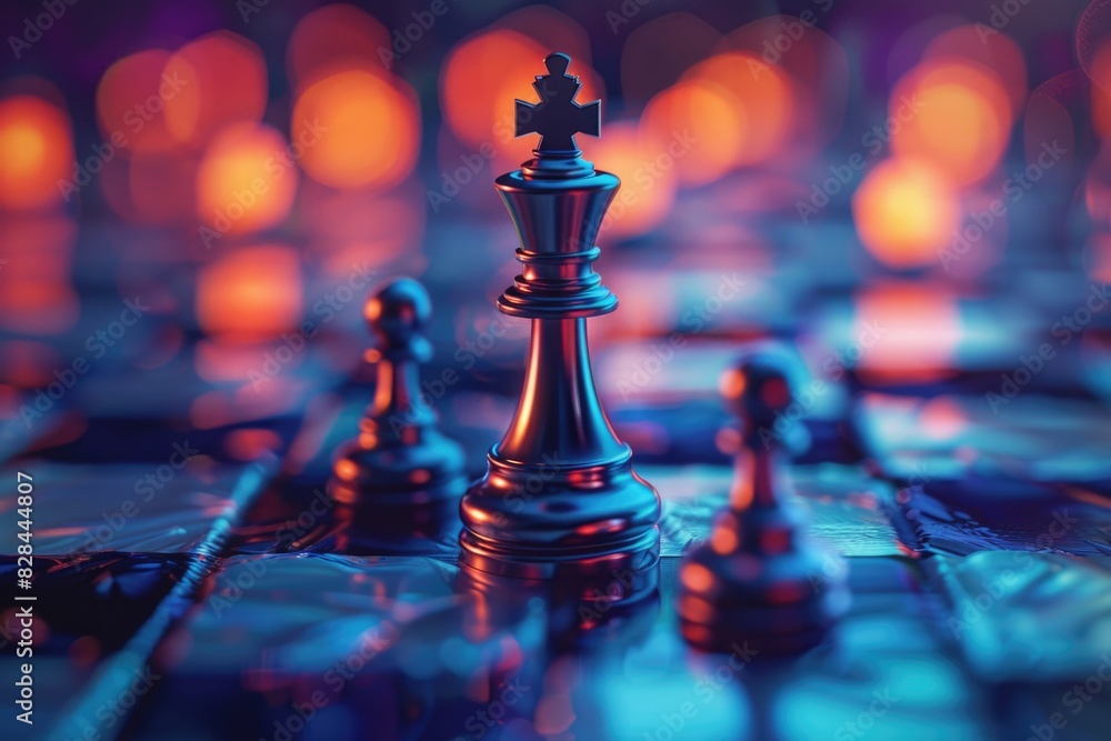 Poster Close up of a single chess piece on a chess board. Suitable for strategy and competition concepts