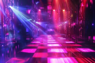 Brightly lit dance floor with lights and spotlights in a dark room, party background 