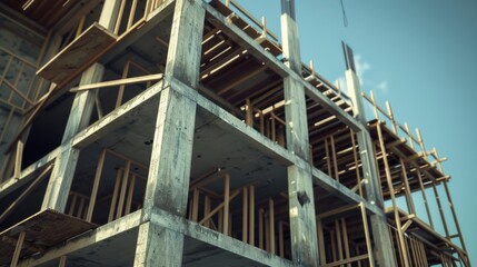Building under construction with crane in background. Suitable for construction industry concepts