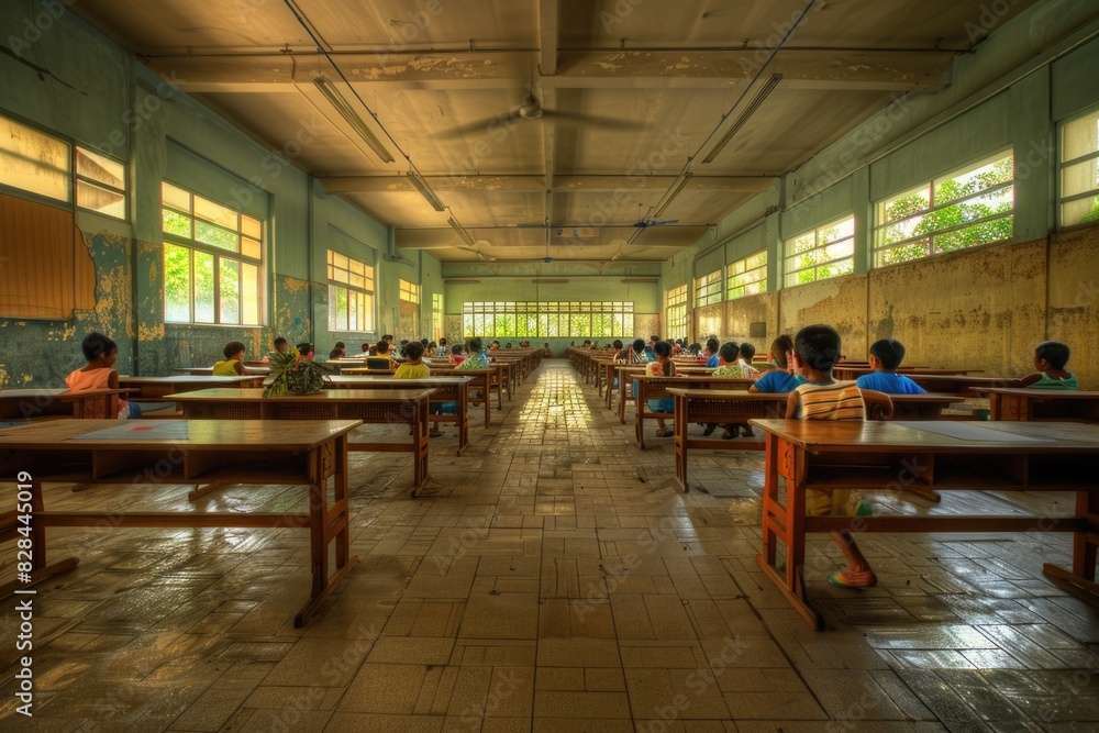 Poster a classroom with plenty of desks and natural light. ideal for educational or school-related projects