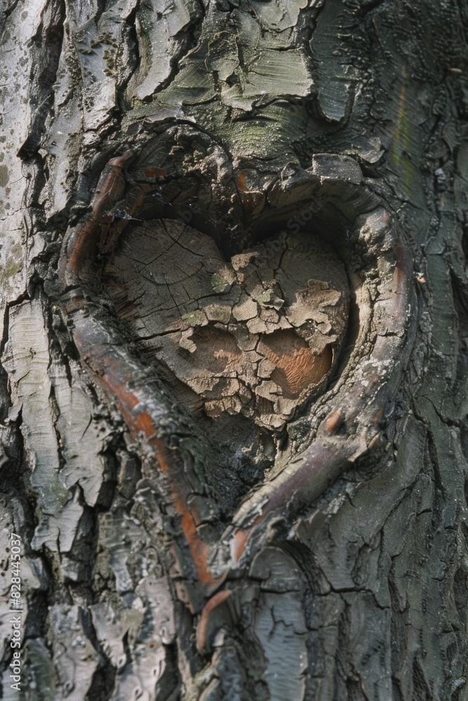 Poster a heart shaped hole in the bark of a tree, suitable for nature concepts