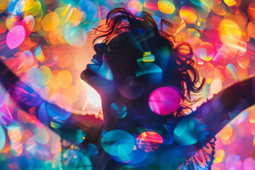 Excited reaction, close up, vibrant colors, Double exposure silhouette with enthusiasm,