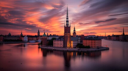 Sunset over Riddarholmen church in old town Stockholm city, Swed
dusk, horizontal, photography, waterfront, tower, sweden, travel destinations, capital cities, church, famous place, old town, stockhol