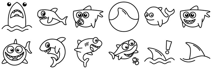 Mega Set Of Vector Cute Baby Shark Line Icons Collection Isolated Silhouette Solid Icons Including Shark,Baby-Shark,Fish,Ocean,Funny Set Vector Flat Line Icons
