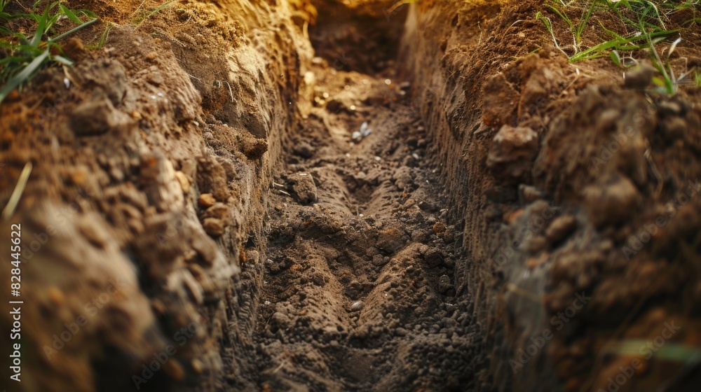 Poster a trench dug in the middle of a field. suitable for construction or archaeological concepts