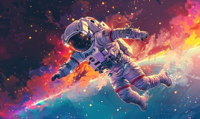 Naklejka premium Astronaut floating in colorful outer space, bright space background