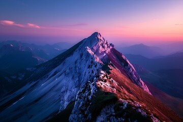  Ośnieżony szczyt górski o zachodzie słońca