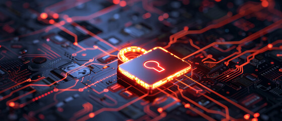 Illuminated Cybersecurity Concept with Glowing Padlock and Data Streams