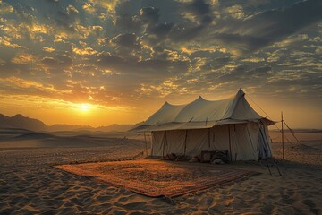 A tent set up in the desert at sunset. Perfect for travel and adventure concepts - Powered by Adobe
