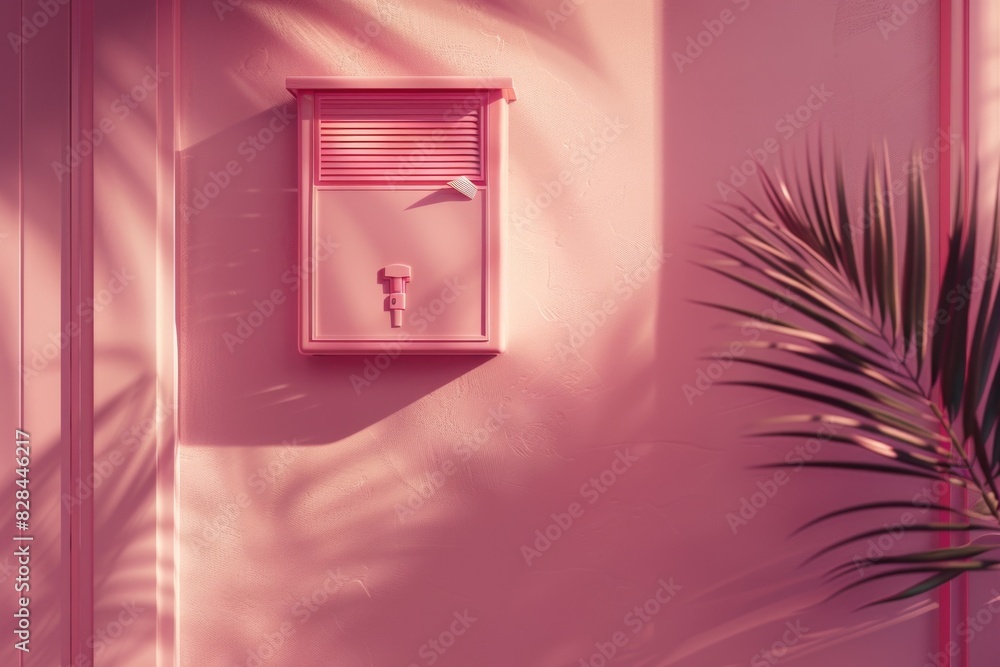 Poster a pink wall with a window and a palm tree, suitable for interior design projects