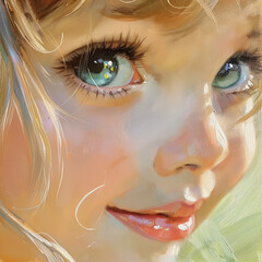 Detailed Oil Painting Portrait of a Young Girl with Sparkling Green Eyes and Playful Smile. Realistic Brushstrokes Highlight Delicate Features and Soft Blonde Hair,