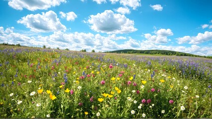 Fototapeta premium Field of flowers, with blue and yellow flowers, and green grass. Blue Sky. White clouds. Meadow. Landscape. Summer. Clouds. Blossom. 2
