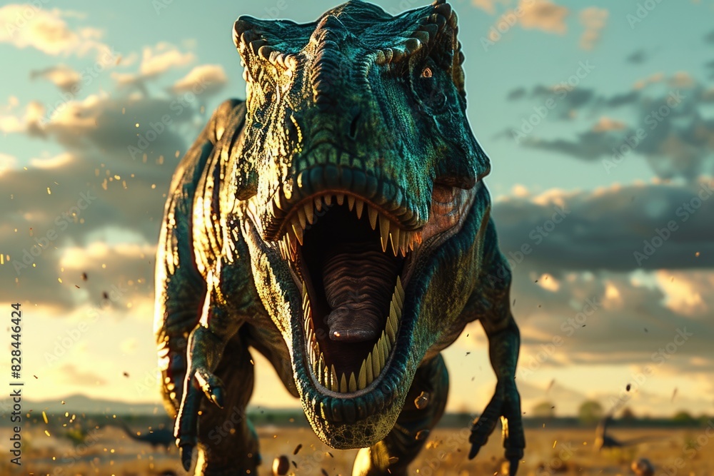 Poster close up of a dinosaur with its mouth open, suitable for educational projects