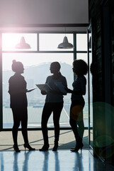 Business, women and conversation in office on silhouette for strategy, planning or company growth....