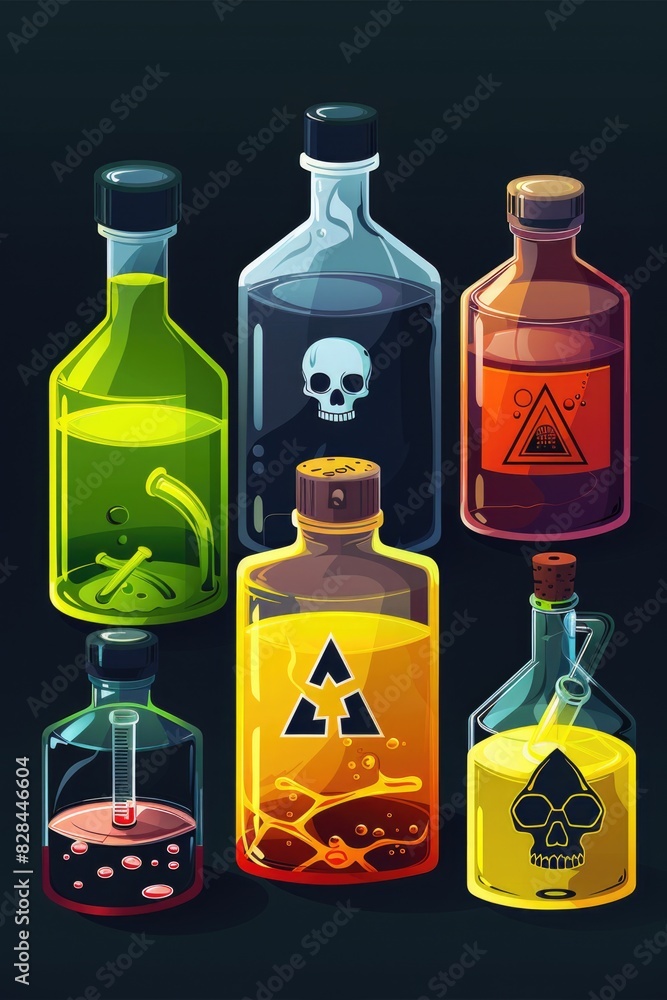 Poster four different colored glass bottles set, perfect for various design projects