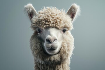 Fototapeta premium Close up of a llama's face on a blue background. Suitable for animal lovers