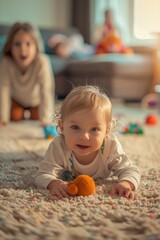 Fototapeta premium A little girl laying on the floor with an orange. Suitable for food and health-related designs
