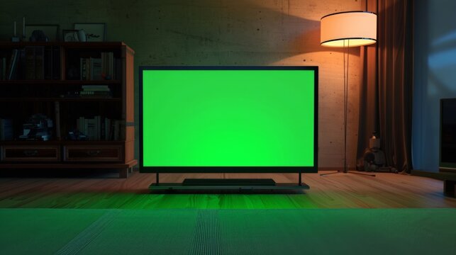 A plasma tv with a green screen, ideal for compositing