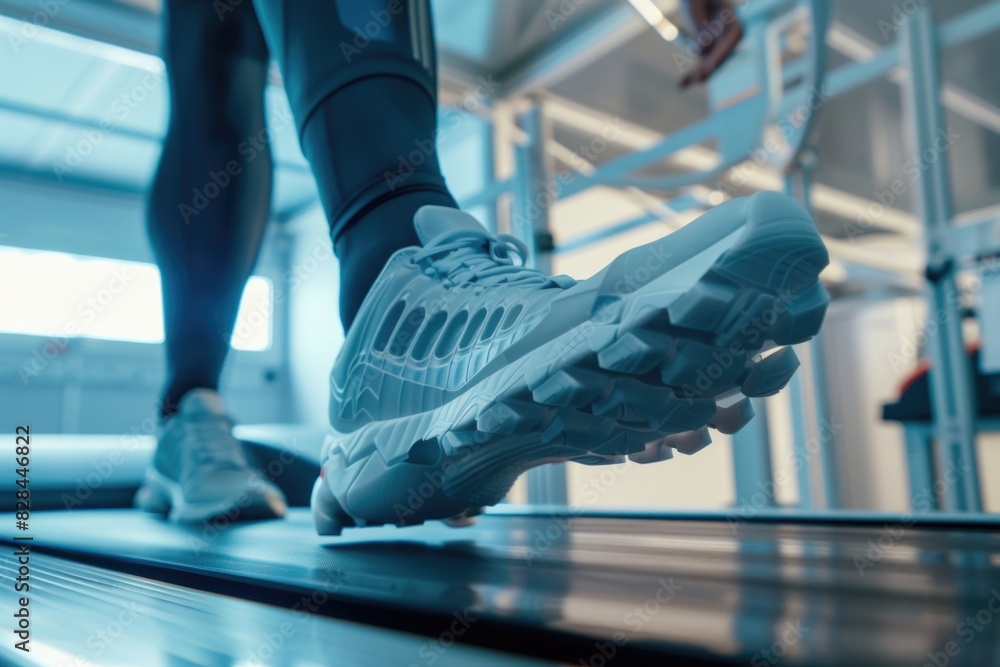 Poster close up of a person walking on a treadmill, suitable for fitness and exercise concepts