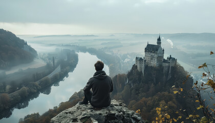 A man is sitting on a rock overlooking a river with a castle in the background - Powered by Adobe