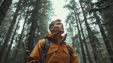 Naklejka premium A man in an orange jacket standing in a forest. Suitable for outdoor and adventure themes
