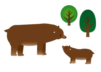 かわいいクマの親子と木のイラスト