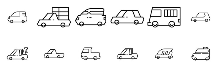 Set Of Car And Transport Line Isolated Silhouette Solid Icons With Transport,Wheel,Vehicle,Pickup-Truck,Car Vector Illustration Linear Pictogram Pack