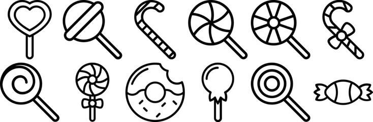 A Collection Of Candy Line Icon Icons Web Header Banner Design Containing Swirl-Lolly,Lollipop,Lolly,Spiral-Lolly,Rainbow-Lolly Outline Icons Collection. Simple Vector Illustration