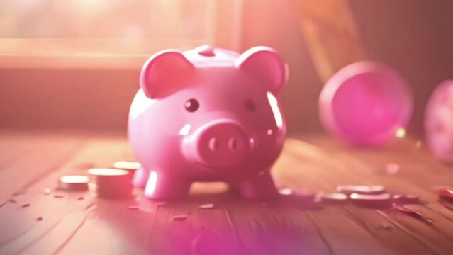 Piggy bank floating in the pool, save money for vacation concept, blur background
