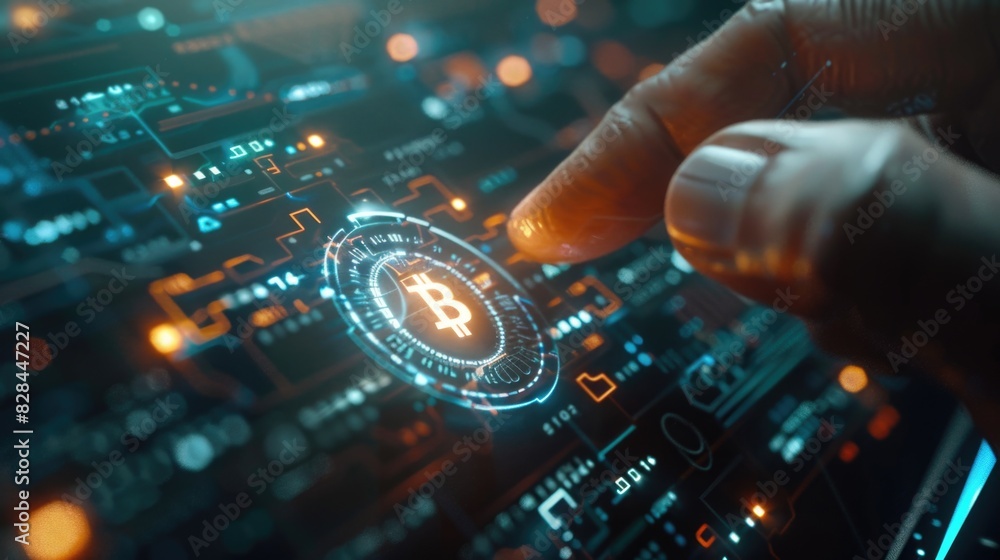 Poster Person interacting with bitcoin on computer screen, suitable for technology concepts