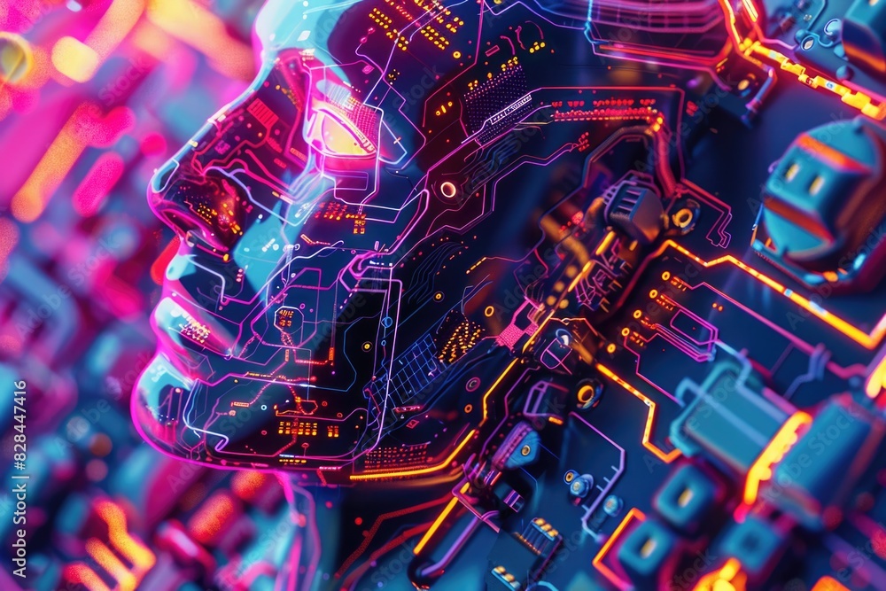 Aufkleber Close up of a person's face with a circuit board background. Suitable for technology concepts