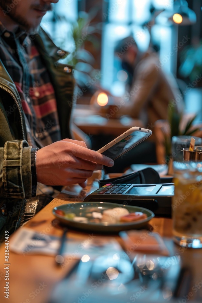 Poster A man sitting at a table using a cell phone. Suitable for technology and communication concepts