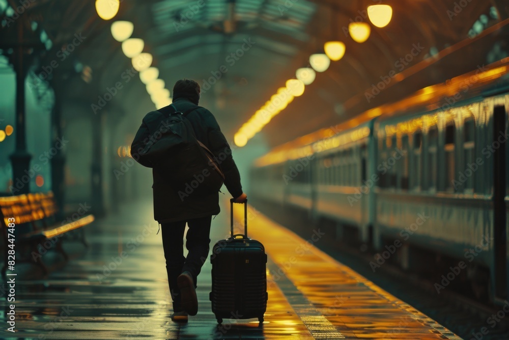 Poster a man walking down a train platform with a suitcase. suitable for travel concept