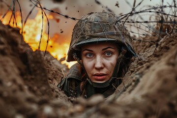 Fototapeta premium A woman wearing a helmet peeks out from behind a barbed wire fence. Suitable for security or imprisonment concepts