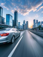 Fototapeta premium A silver car is driving on the highway, with city buildings in the distance and blurred motion blur behind it. The scene captures an urban landscape with skyscrapers against a blue sky at sunset. The 