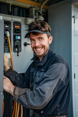 A man is smiling while working on a power box