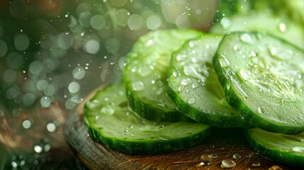 A fresh cucumber slices on a wooden cutting board - Powered by Adobe