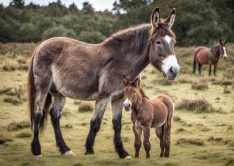 Fototapeta premium A hinny, a crossbreed between a donkey and a horse, in the New Forest, England, UK. This heathland area is home to wild hinnies and mules.