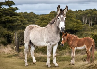 Naklejka premium A hinny, a crossbreed between a donkey and a horse, in the New Forest, England, UK. This heathland area is home to wild hinnies and mules.