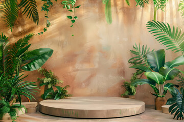 Platform for product display on organic green background. Stone podium, minimalism style. Natural template for product advertisement