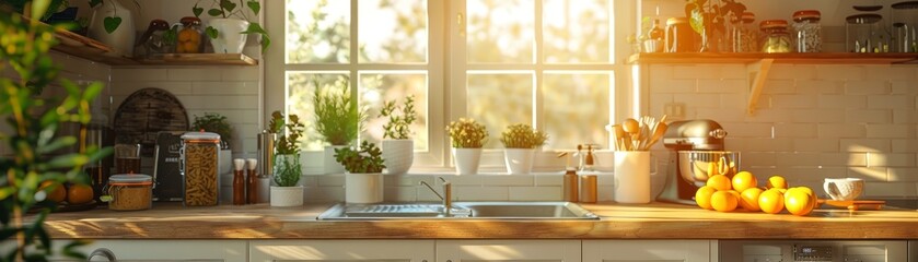  Sunlit cozy home kitchen with modern appliance