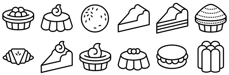 Set Of Baked Goods Light Set Icons Collection Isolated Silhouette Solid Icons Including Pie,Ramekin,Pastry,Baked-Good,Dessert Stroke Icon Collection. Vector Illustration