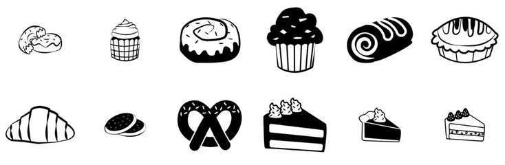 Set Of Linear Baked Goods Isolated Silhouette Solid Icons With Pastry,Baked-Goods,Bread,Sweets,Bakery Pictograms And Infographics Design Elements Vector Illustration