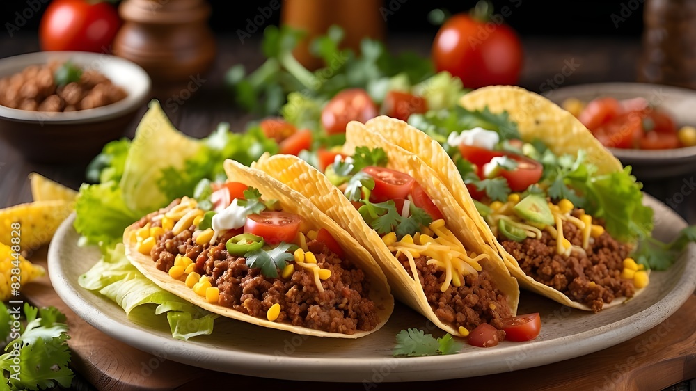 Wall mural Mexican cuisine is fantastic, with taco shells made of ground beef, homemade salsa, tortillas yellow corn, and a spicy plate with meat, tomatoes, lettuce, and no vegetables for supper. The cheese and  - Wall murals