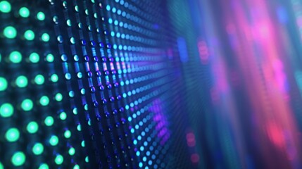 A closeup of the LED screen's surface, displaying colorful lights in an array of colors against a dark background. The light from each dot creates intricate patterns and shadows on its surroundings. T