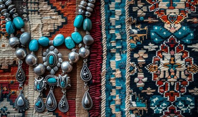 closeup of silver and turquoise jewelry on intricate rug