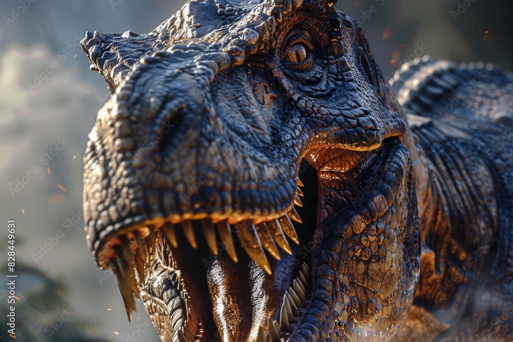 Poster close up of a dinosaur with its mouth open. suitable for educational materials